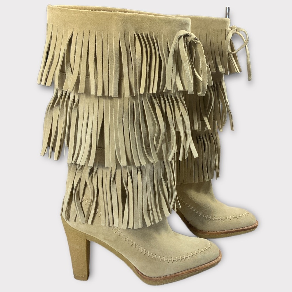 Michael Kors Womens Fringe heeled tan camel tall boots suede leather Size 7M